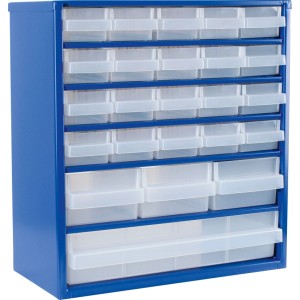 Meuble de rangement en acier bleu LUX-TOOLS avec de nombreux tiroirs transparents de tailles variées. Système pour petites pièces.