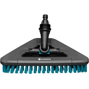 Gardena Cleansystem Spazzola Hard Flex, testina antracite con setole blu e attacco acqua.