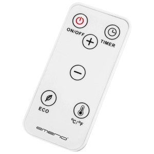 Telecomando per radiatore ad olio Emerio con tasti per timer, modalità eco e temperatura.