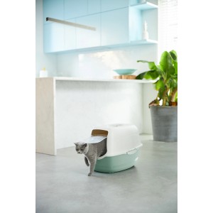 Maison de toilette pour chat Rotho Eco Bailey vert/sable avec chat sortant.