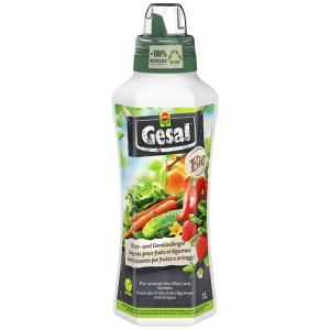 Gesal Bio Obst- und Gemüsedünger 1L Flasche mit Gemüse- und Obstabbildung.