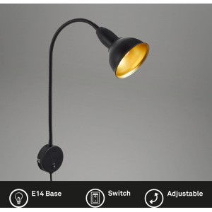 Lampe de chevet noire Briloner Hygge avec abat-jour doré et bras flexible.