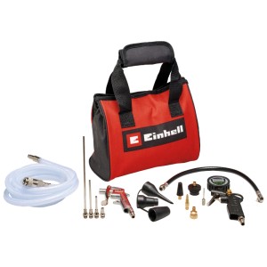 Einhell Kit d'accessoires pneumatiques 15 pièces avec sac : gonfleur, soufflette, adaptateurs et tuyau.
