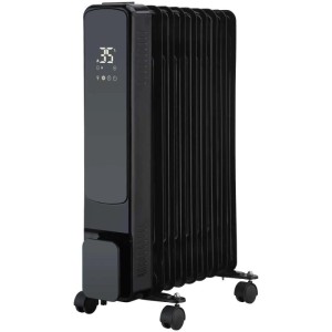 Radiatore a olio nero Sonnenkönig con frontale in vetro, 2000 W, 9 elementi e ruote.