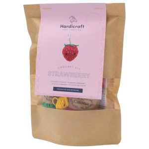 Hardicraft Kit uncinetto Fragola: Filato di cotone rosso, giallo e verde per un simpatico portachiavi.
