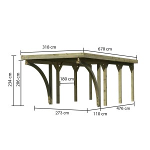 Karibu Einzelcarport Classic aus Holz mit Stahl-Dacheindeckung und Maßangaben.