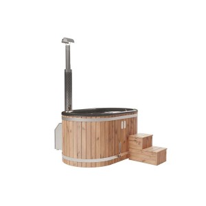 Finntherm Hot Tub Stockholm Anthracite, Ø 200 cm, avec revêtement en bois thermo traité, four en acier inoxydable et escalier.