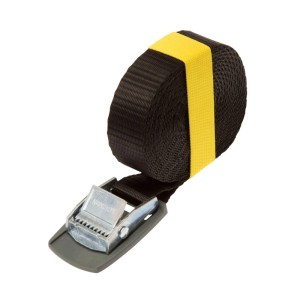 Sangle d'arrimage noire Conacord, 4 m, avec fermeture à cliquet et plaque de protection.
