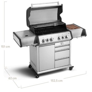 Burnhard Big Earl Premium-Gasgrill mit 4 Brennern, Edelstahlkorpus, Seitenbrenner, klappbaren Tischen und Abdeckhaube.