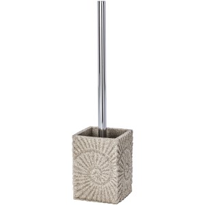 Ensemble brosse WC Wenko Fossil beige avec surface texturée et manche chromé.