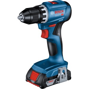 Avvitatore a batteria Bosch Professional GSR 18V-45, blu, con batteria e clip da cintura.