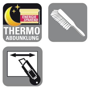 Pictogrammes pour store enrouleur thermique Gardinia : occultation, économie d'énergie, nettoyage, découpe.