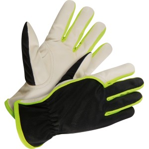 Guanti da giardino in pelle di capra, taglia 10/XL, nero-beige con polsino elastico.