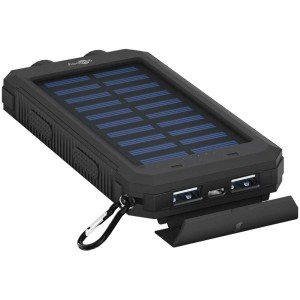 Powerbank solare da esterno nera con 8000 mAh, pannello solare e moschettone.
