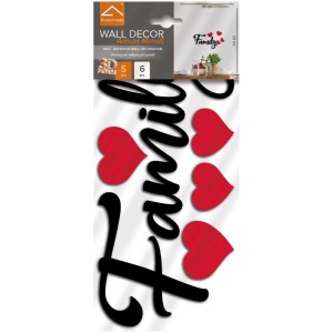 Wandsticker Family mit 3D-Effekt, Schriftzug und roten Herzen, 6-teilig, Größe S.
