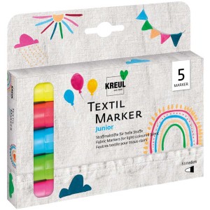 Kreul Textilmarker Junior 5er-Set: Stoffmalstifte in Gelb, Rot, Blau, Grün und Pink für helle Textilien.