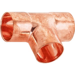 Raccordo a T in rame per saldatura, diametro 22 mm per installazione tubi in rame.