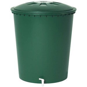 Garantia botte per acqua piovana verde rotonda 310 l con coperchio e rubinetto. Classico serbatoio per la raccolta dell'acqua piovana.