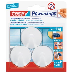 tesa crochets adhésifs, lot de 3, blancs, ronds, avec Powerstrips pour un retrait sans trace.