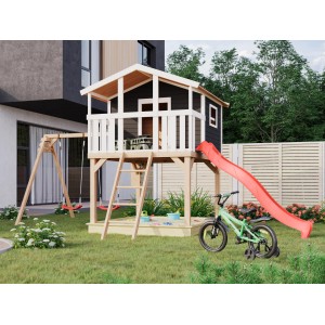 Maisonnette sur pilotis Karibu Benjamin avec balançoire double et toboggan rouge dans le jardin.