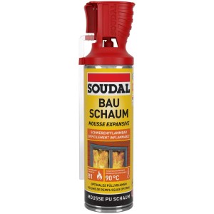 Soudal Bauschaum Genius Gun B1, bomboletta da 500ml con pistola rossa per isolamento antincendio.