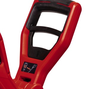 Dettaglio dell'impugnatura rossa del tagliabordi a batteria Einhell GE-CT 18/30 Li-Solo.