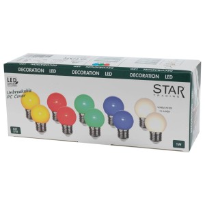 Set da 10 lampadine LED E27 G45 colorate per esterni, bianco caldo, nella confezione.