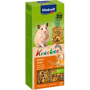 Vitakraft Kräcker Miele e Farro per criceti, 2 pezzi. Bastoncini da rosicchiare con cereali e miele.