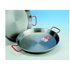 Poêle à paella Garcima en acier, Ø 26 cm, avec poignées rouges. Idéale pour grill et cuisine.