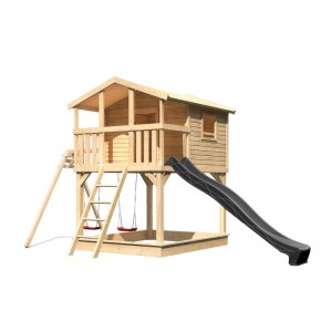 Karibu Stelzenhaus Benjamin mit Rutsche und Schaukel, aus Holz in Natur und Anthrazit.