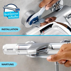 Sistema doccia Grohe QuickFix Vitalio Joy 260 cromato con QuickSpanner per installazione e manutenzione.