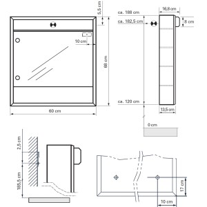 Schéma : Armoire de toilette Sidler Econom blanc 60 cm avec dimensions et détails de montage.