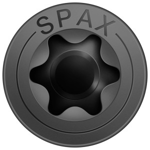 Gros plan sur une vis universelle Spax, zinguée noire, avec entraînement T-STAR plus.