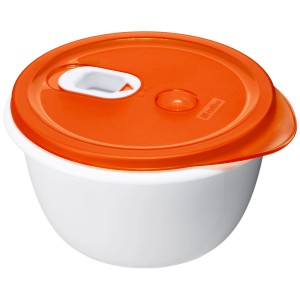Ciotola per microonde Rotho Micro Clever 1,6 l, ciotola bianca con coperchio arancione.