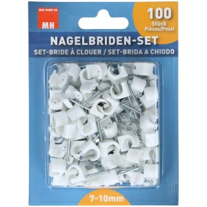 Set de brides à clous, 100 pièces, 7-10 mm, blanc, pour fixation de câbles.