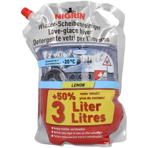 Nigrin Lave-glace hiver Lemon, 3 litres, antigel jusqu'à -20°C pour une visibilité hivernale claire.