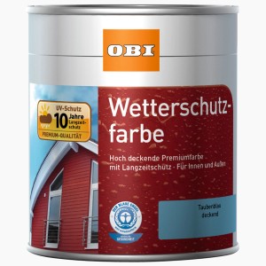 Pot de peinture de protection contre les intempéries OBI, couleur Taubenblau (bleu colombe), finition satinée, 2,5 l pour intérieur et extérieur.