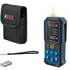 Bosch Professional GLM 50-25 G Laser-Entfernungsmesser mit Zubehör: Tasche, Batterien und Handschlaufe.
