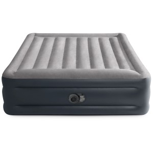 Matelas gonflable Intex Dura-Beam Plus Deluxe Pillow, gris/bleu, avec pompe intégrée.