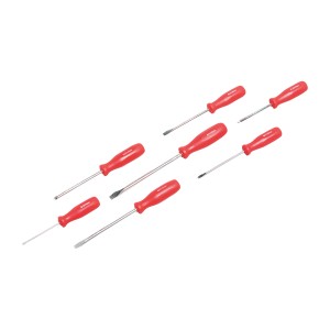 Jeu de 7 tournevis avec manches rouges de différentes tailles.