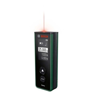 Bosch Laser-Entfernungsmesser Zamo mit rotem Laserstrahl und Display zur Messwertanzeige.