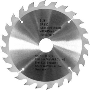 Lama per sega circolare LUX HM, Ø 190 mm, 24 denti per legno, truciolato e altro.
