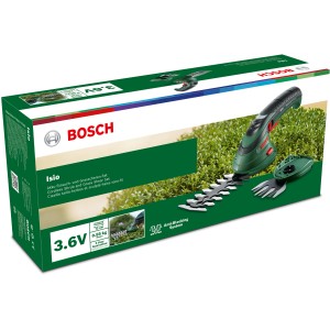 Set cisaille à gazon et arbustes sans fil Bosch Isio, avec lames dans la boîte.