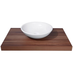 Vasque à poser ronde blanche en céramique (Ø 42 cm) sur un plateau en bois.