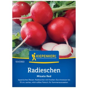 Graines de radis Kiepenkerl Misato Red : Radis rouges et ronds à chair blanche sur l'emballage.