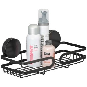 Étagère murale noire Wenko Pavia avec produits de bain, système Static-Loc® Plus.