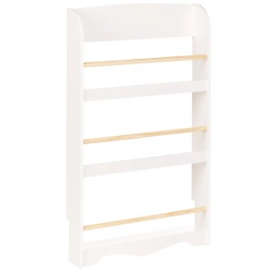 Étagère murale enfant blanche en MDF/bois de pin, 3 niveaux, barres en bois clair pour livres.