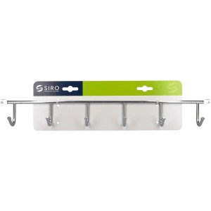 Siro Hakenleiste 2081, Chrom glänzend, 420mm mit 6 Haken. Garderobenleiste für Küche & Flur.