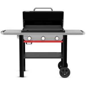 Weber Slate Premium Plancha grill a gas, nero, con 3 bruciatori, tavolini laterali e ruote.