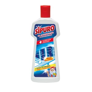 Flacone di detergente per vetroceramica Sipuro da 225 ml per una pulizia efficace dei piani cottura in vetroceramica.